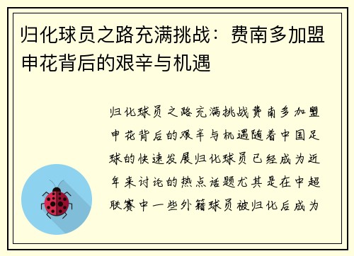 归化球员之路充满挑战：费南多加盟申花背后的艰辛与机遇